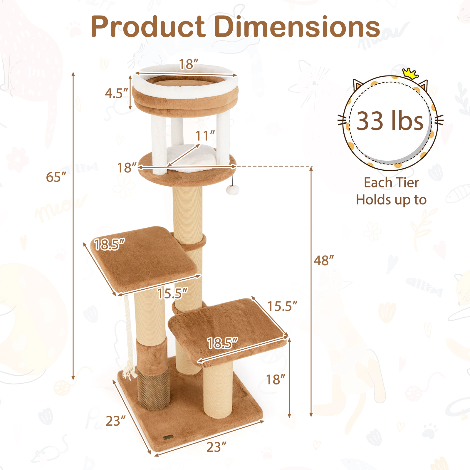 SUGIFT 65-in Tall Cat Tree with Self-groomer and Removable Cat Bed 33-lb Capacity Caramel and White