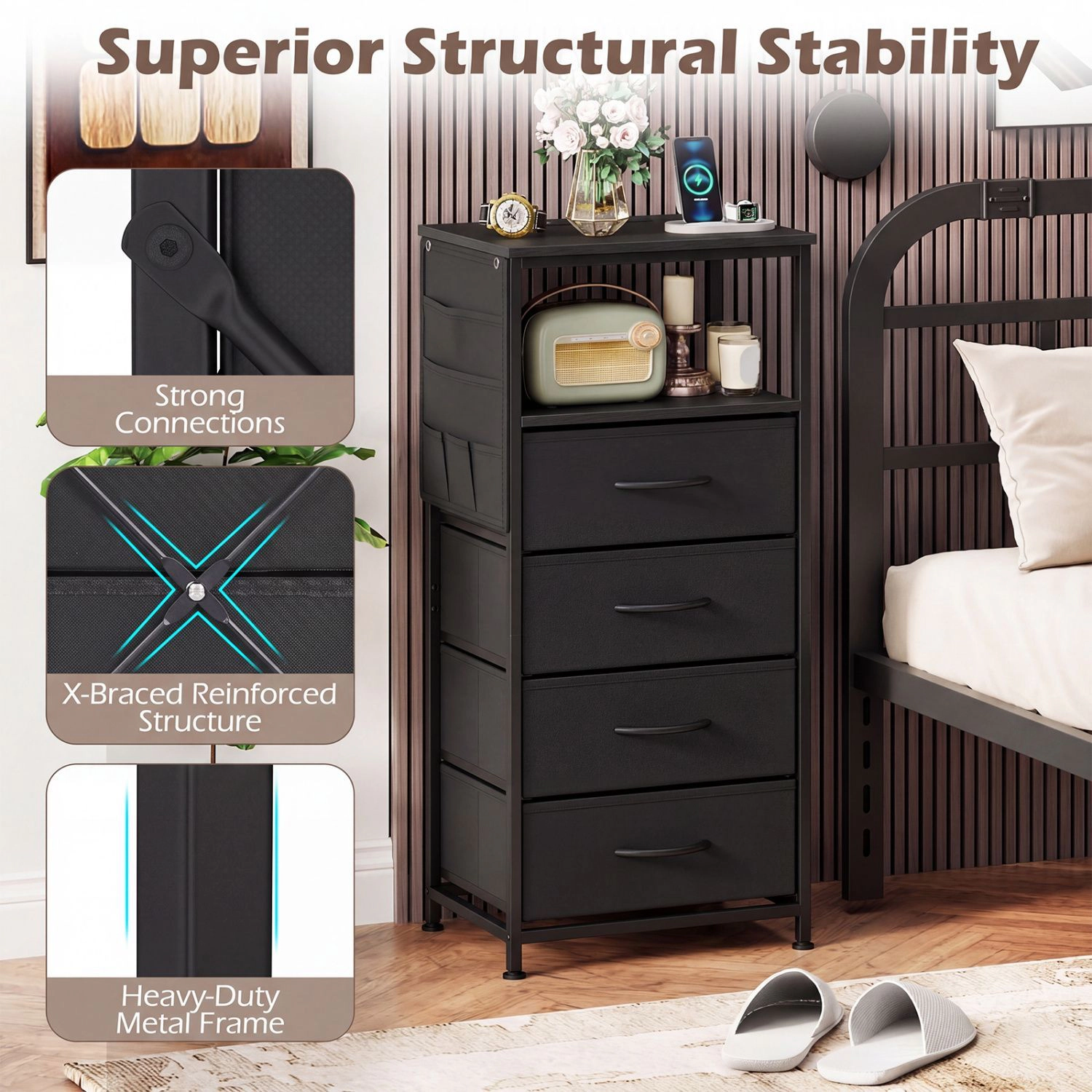 SlickBlue Storage Cabinet with Charging Station, Drawers & Side Pocket