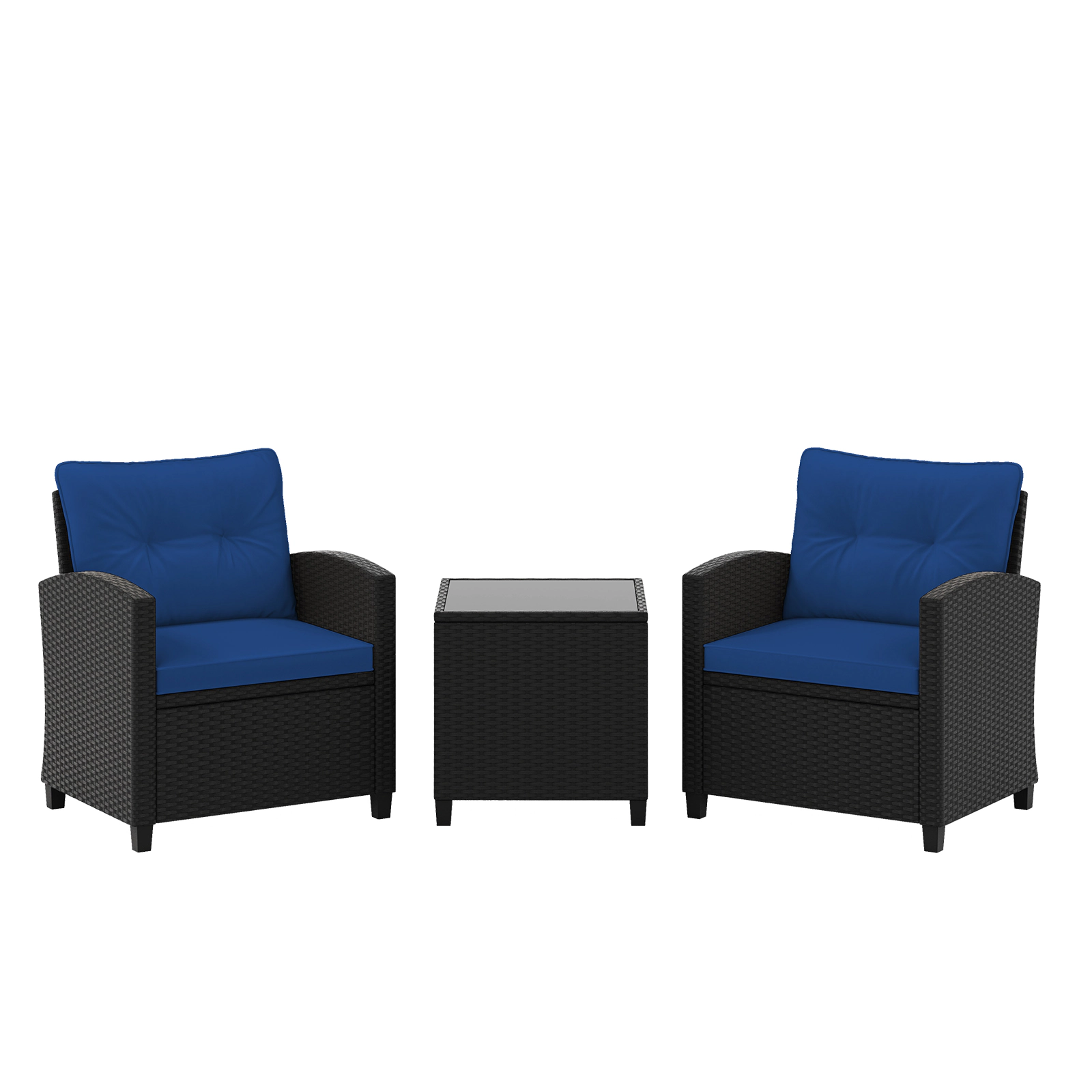 SUGIFT Tempered Glass Table and Cushions 3-Piece Patio Rattan Chair Set