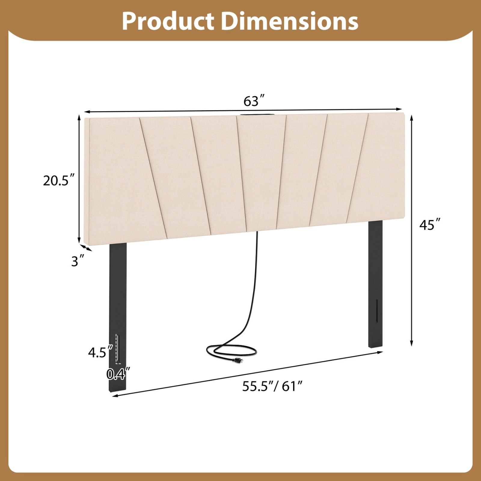 SUGIFT Beige Upholstered Headboard, Full/Queen, Charging Station