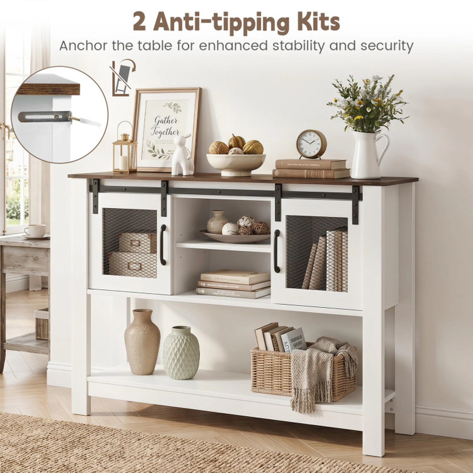 SUGIFT 40-in 150-lb Capacity Rustic Brown Console Table with 2 Sliding Barn Doors and Adjustable Shelf