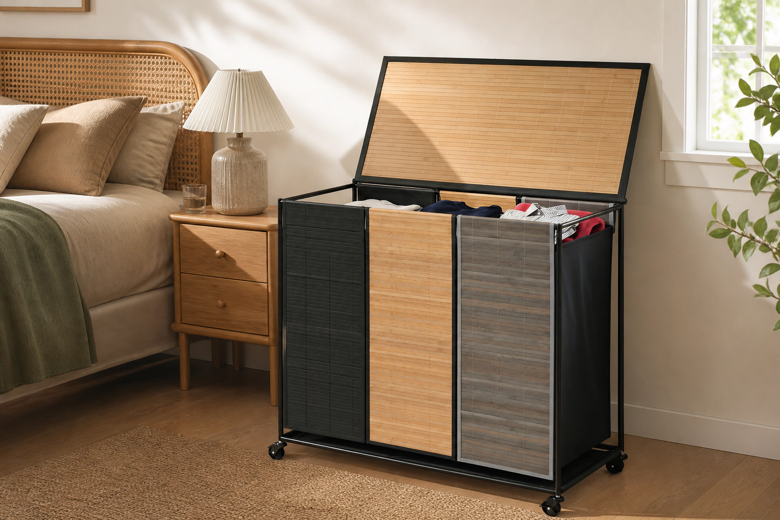 SUGIFT 21.4-gal 3-Section Bamboo Laundry Hamper Sorter with Lid 4 Wheels and Removable Washable Liners