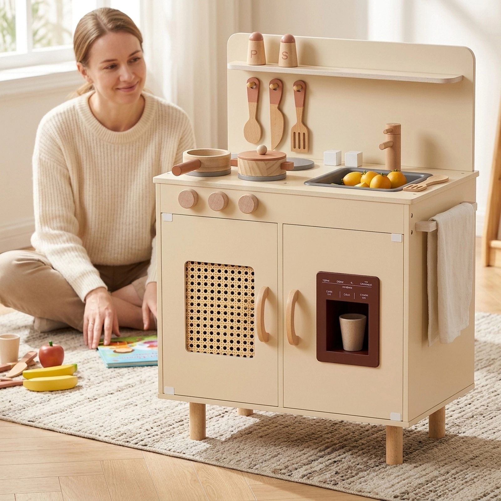 Wooden Play Kitchen Working Ice Maker Detachable Shelf 20.5-in Kids Kitchen Playset Spice Rack Ages 3+ Yellow