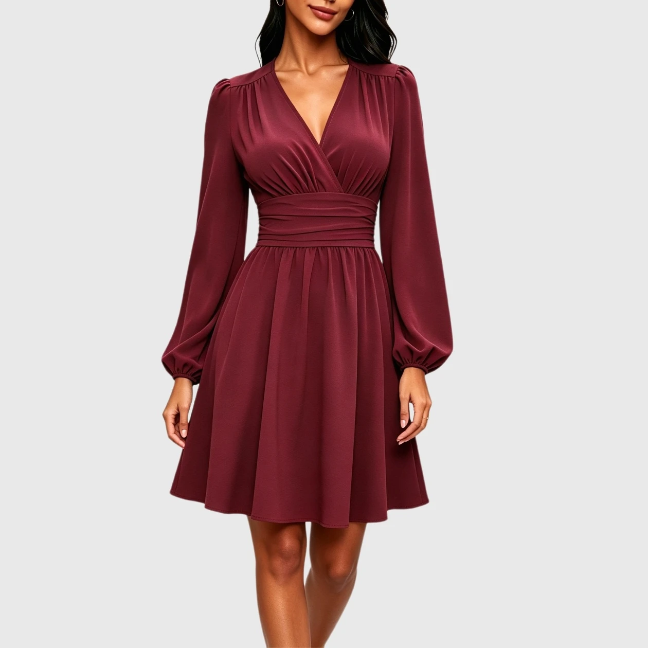 YesFashion Women V Neck Long Sleeve Mini Dress Casual High Waist A-Line Cocktail Wedding Guest