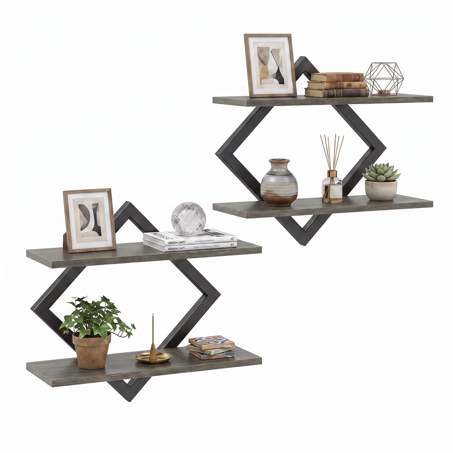 LJG Set of 2 Metal Floating Shelves for Wall with Geometric Frame