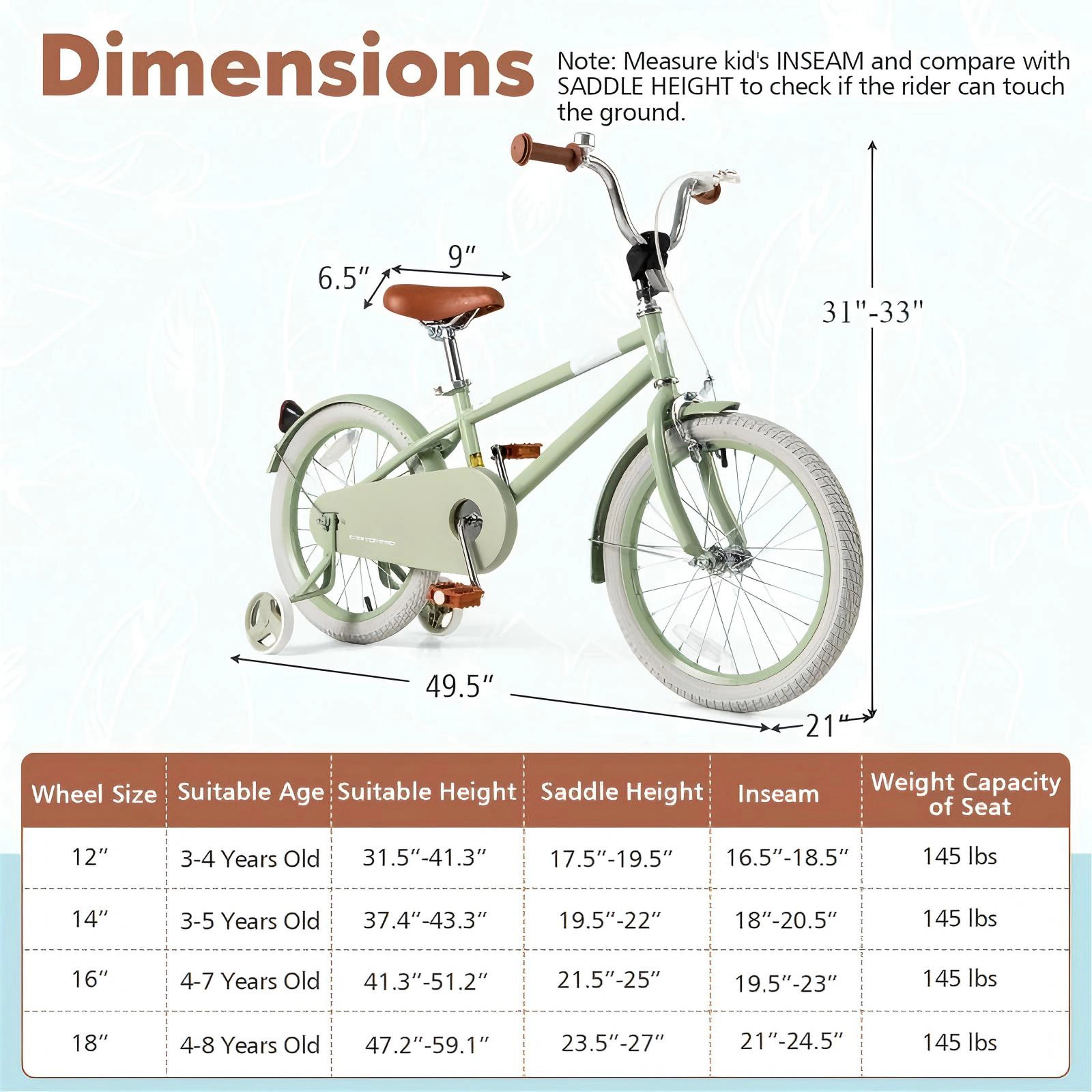 SUGIFT Kids Bike with Adjustable Handlebar and Saddle 145-lb Seat Capacity Green + Brown-18 Inches