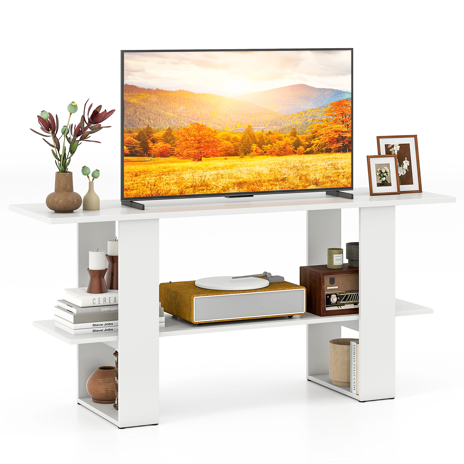 Glintex 2-Tier 48-Inch TV Stand with 8.5-Inch Floor Clearance, White