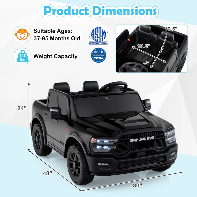 Hivvago 2 Seater 24V Ride on Toy for Big Kids Licensed Ram Truck with Remote and Music
