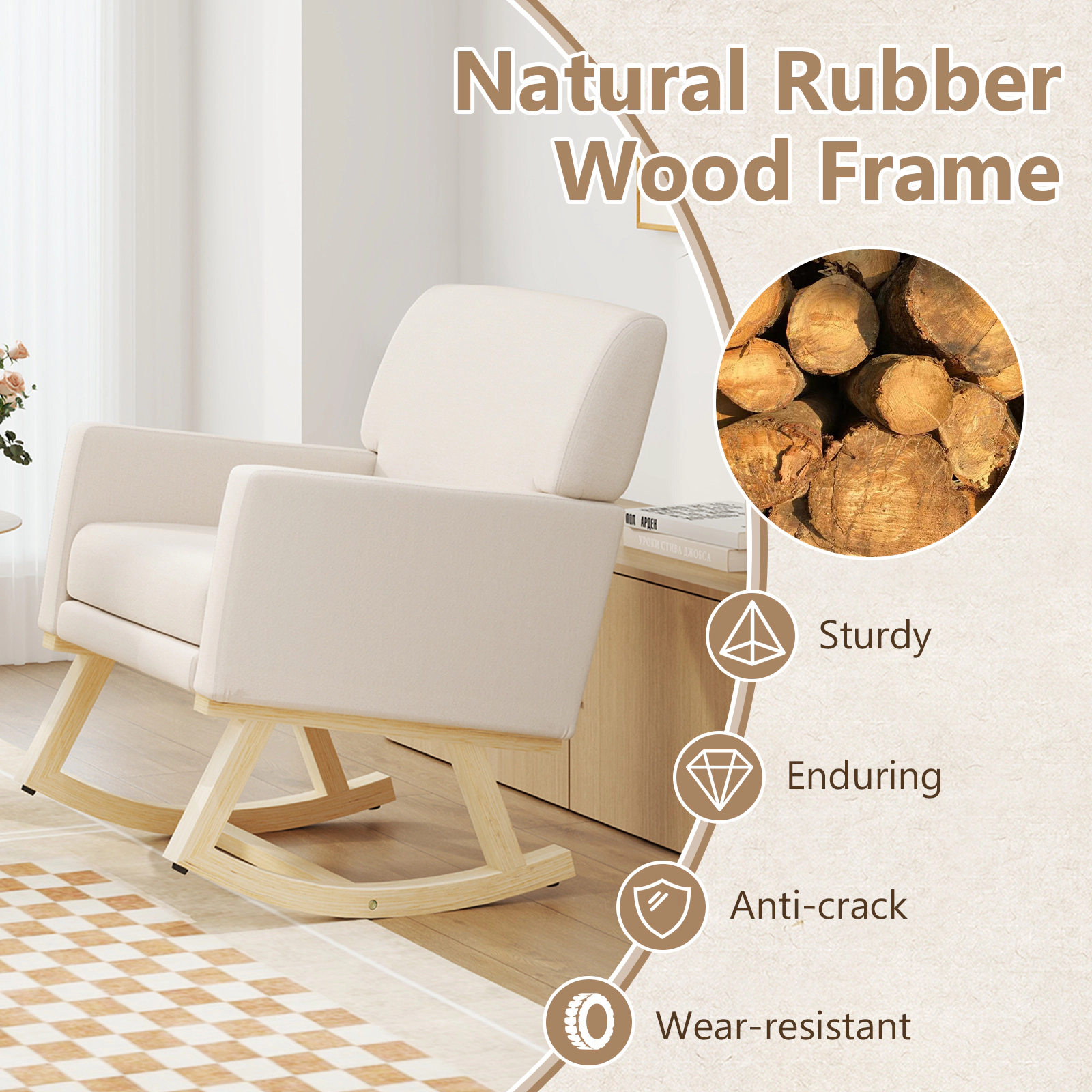 LJG Upholstered Rocking Chair with Fabric Padded Seat and Solid Wood Base