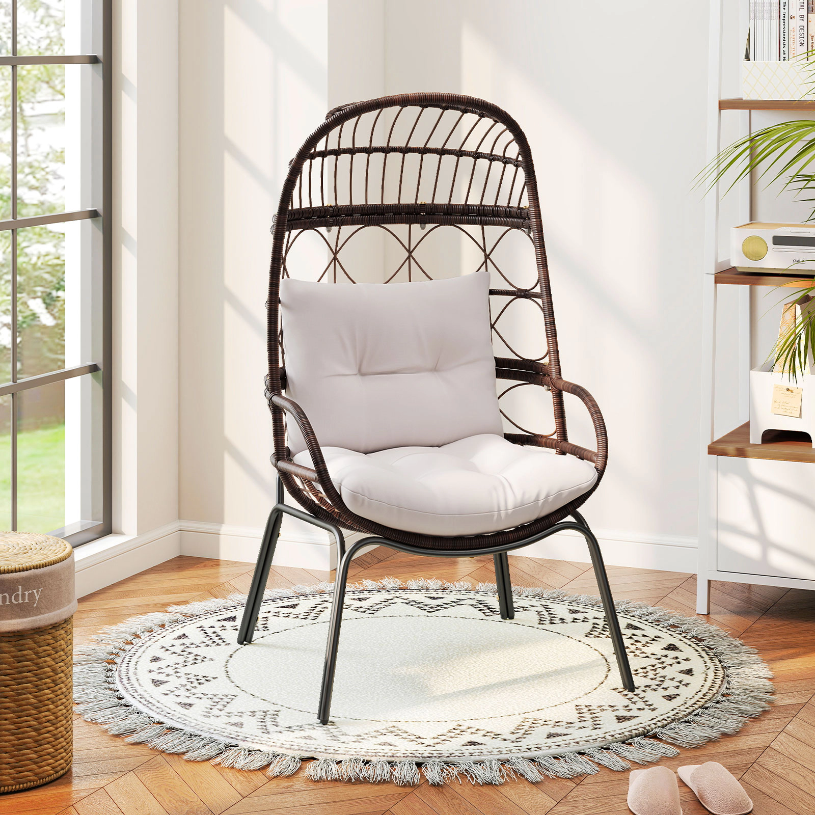 LJG Patio Wicker Egg Chair Outdoor Rattan Lounge Basket with Seat and Back Cushions