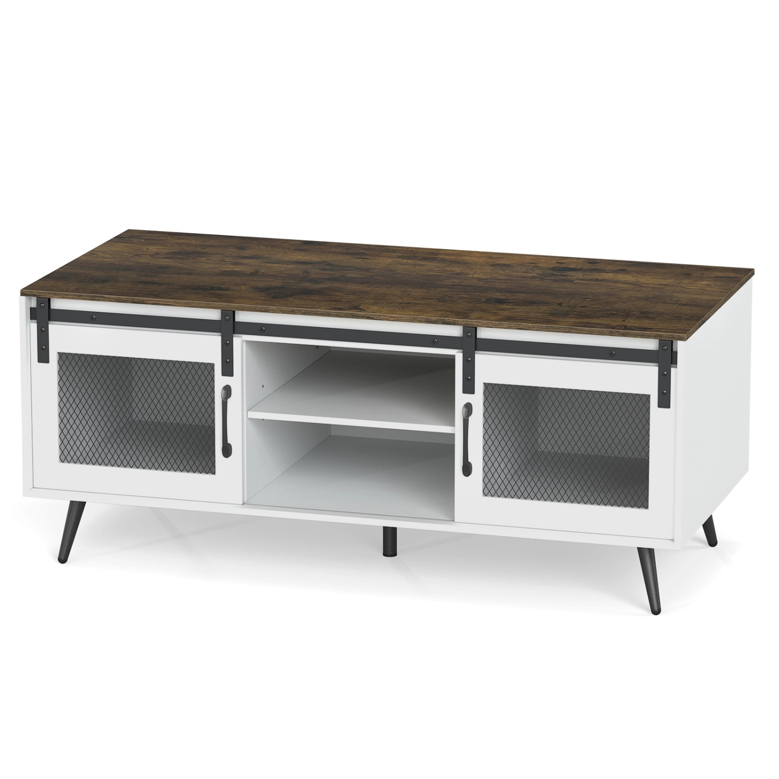 SUGIFT Sliding Barn Doors Adjustable Shelf Two-Tone Coffee Table 48-in x 22-in x 20.5-in 100-lb Capacity Rustic Brown