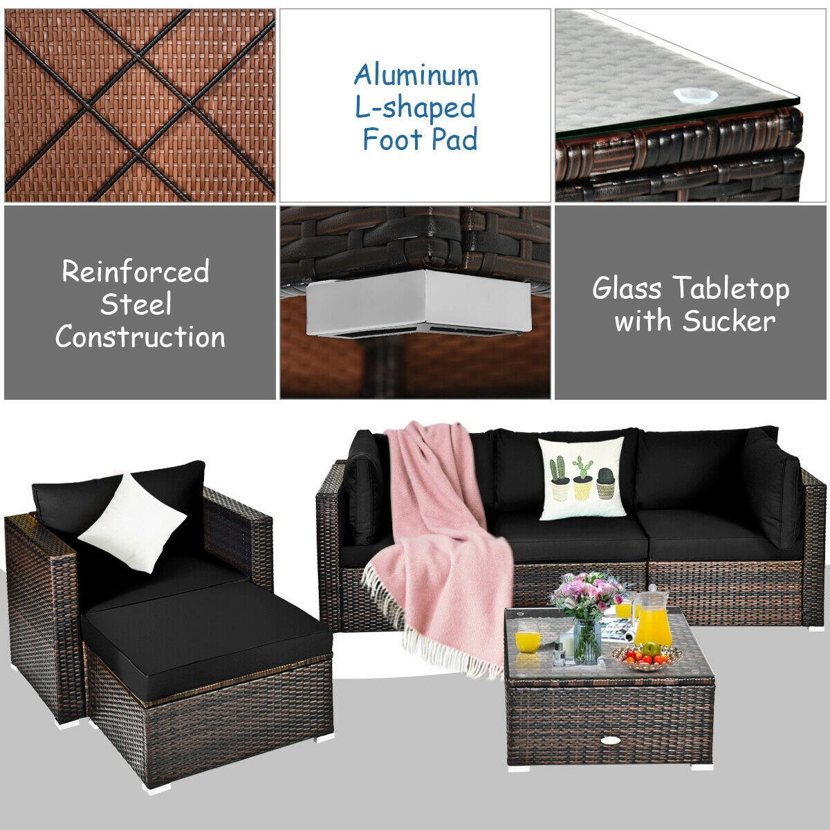 SUGIFT 6-Piece Black PE Rattan Patio Sectional Set with Glass-Top Ottomans and 4-Inch Cushions