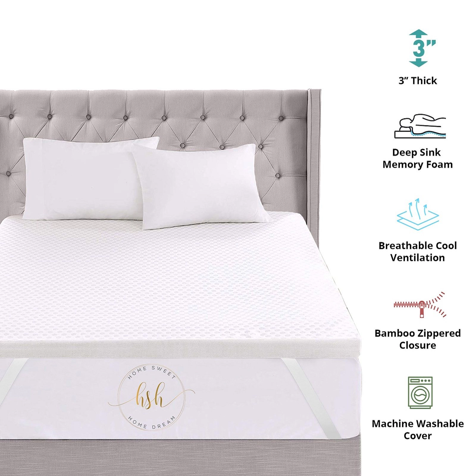 HSH Dream 3 Inch Memory Foam Mattress Topper – Cooling Viscose Cover Removable & Washable