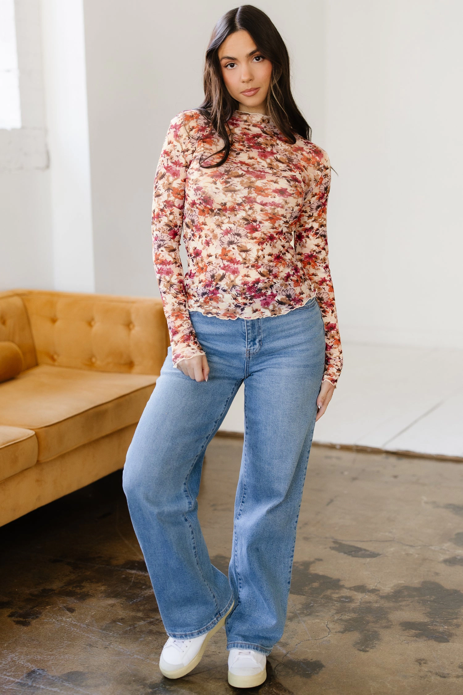Threaded Pear Women's Virginia Floral Print Mesh Long Sleeve Top