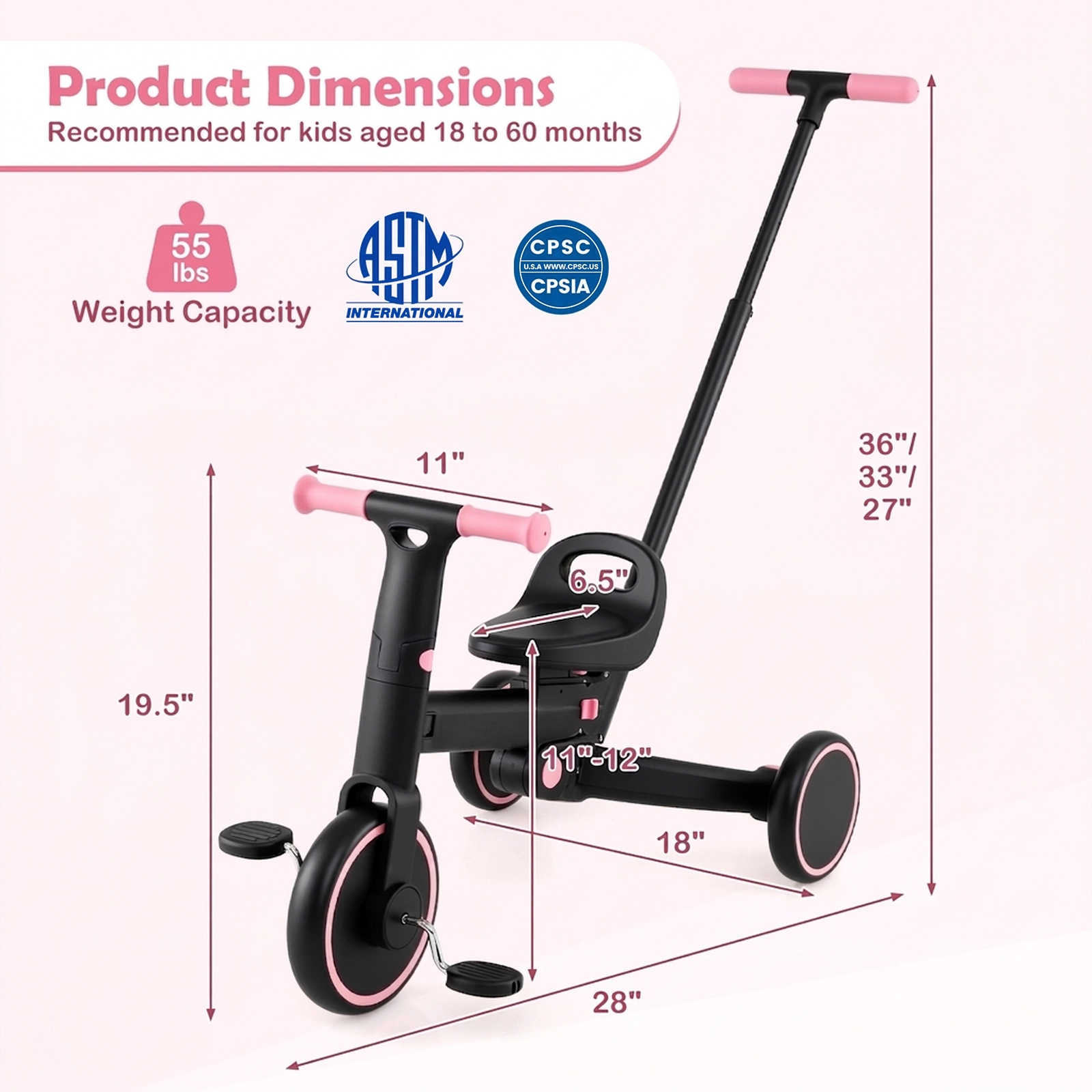 4-in-1 Foldable Toddler Tricycle Parent Steering Push Handle 3 Height Settings Quick-Release Pedals 18-60 Months Pink