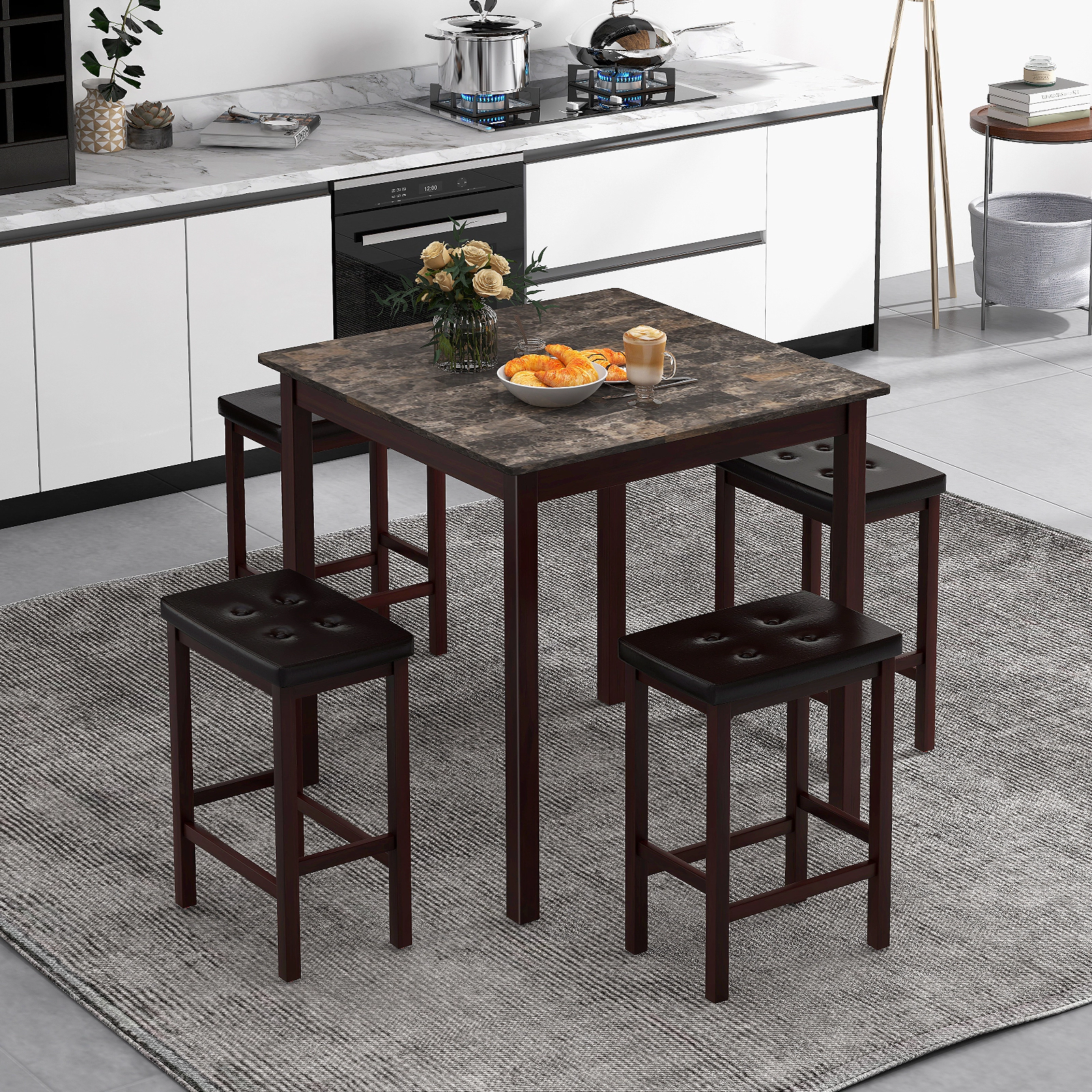 SUGIFT 5-Piece Counter-Height Dining Set for 4, 35-In Square Table with 4 Padded Stools