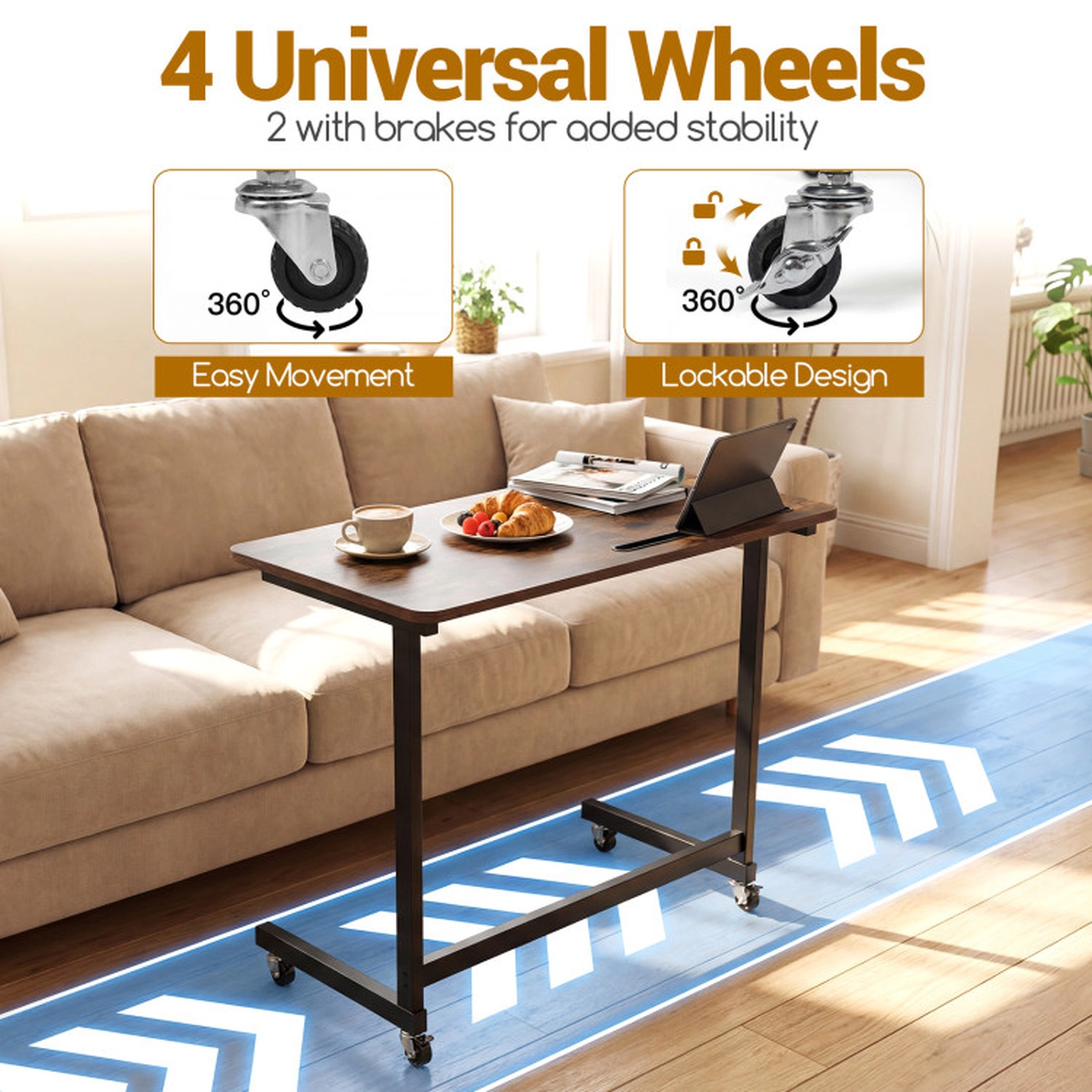 SUGIFT Tablet Slot Rustic Brown Mobile Side Table Rolling Laptop Desk Cart