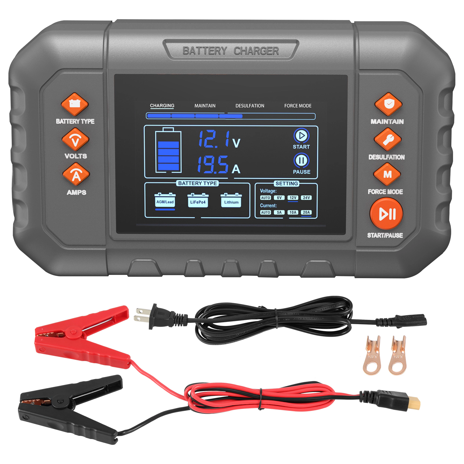 HONGGE Smart Battery Charger Lithium LiFePO4 Lead-Acid AGM / Gel / SLA Car Battery Charger with LCD Display Trickle