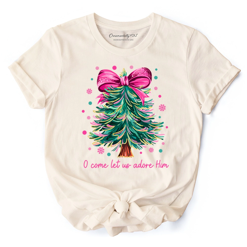 OrnamentallyYou Womens O Come Let Us Adore Him" Coquette Bow Christmas T-Shirt
