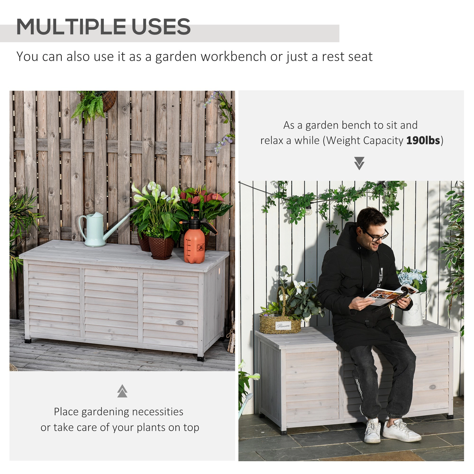 HONGGE 75 Gallon Wooden Deck Box Outdoor Storage Container with Aerating Gap & Weather-Fighting Finish