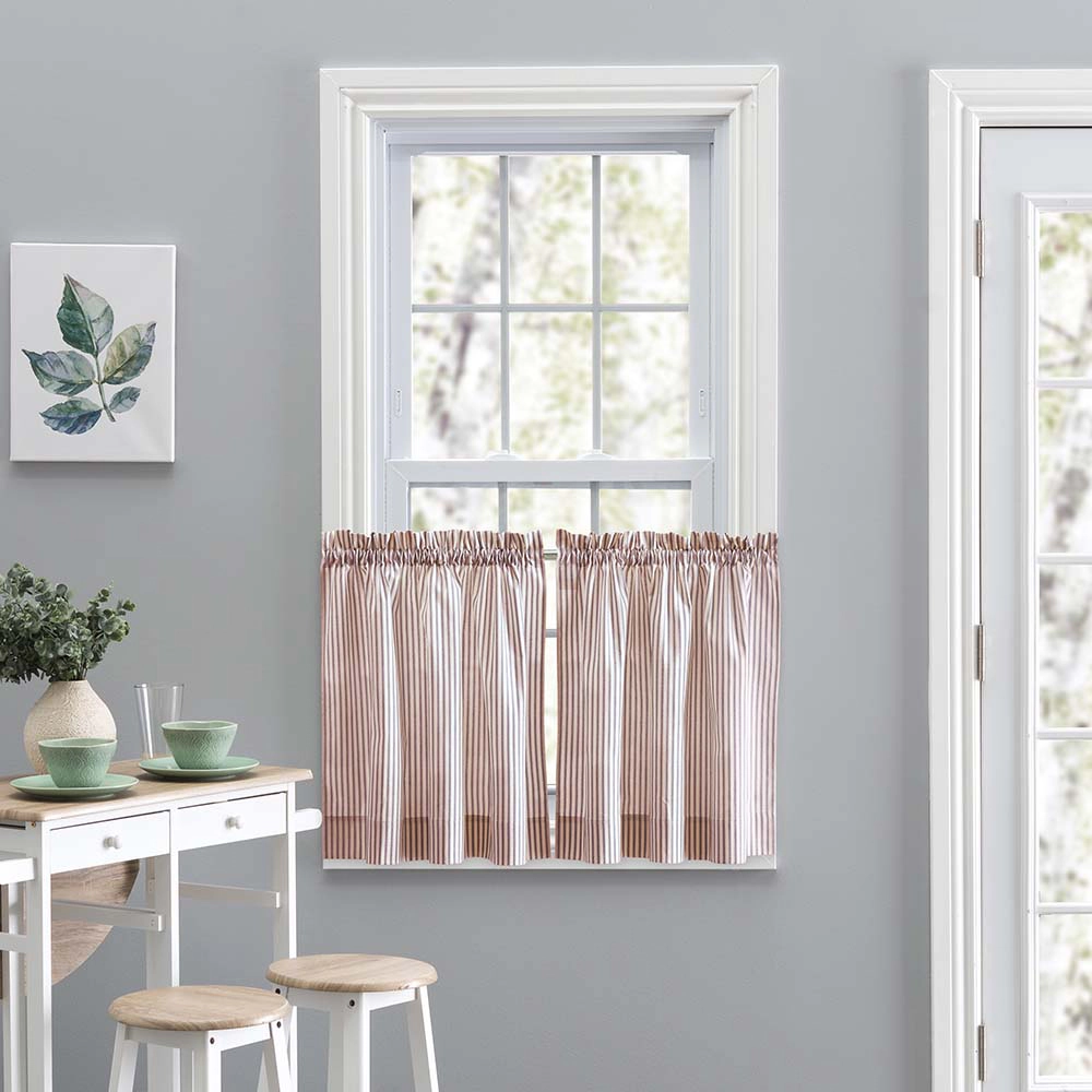 Ellis Curtain Plaza Classic Ticking Stripe Printed on Natural Ground 1.5" Rod Pocket Tailored Tiers 56" x 36" Brick