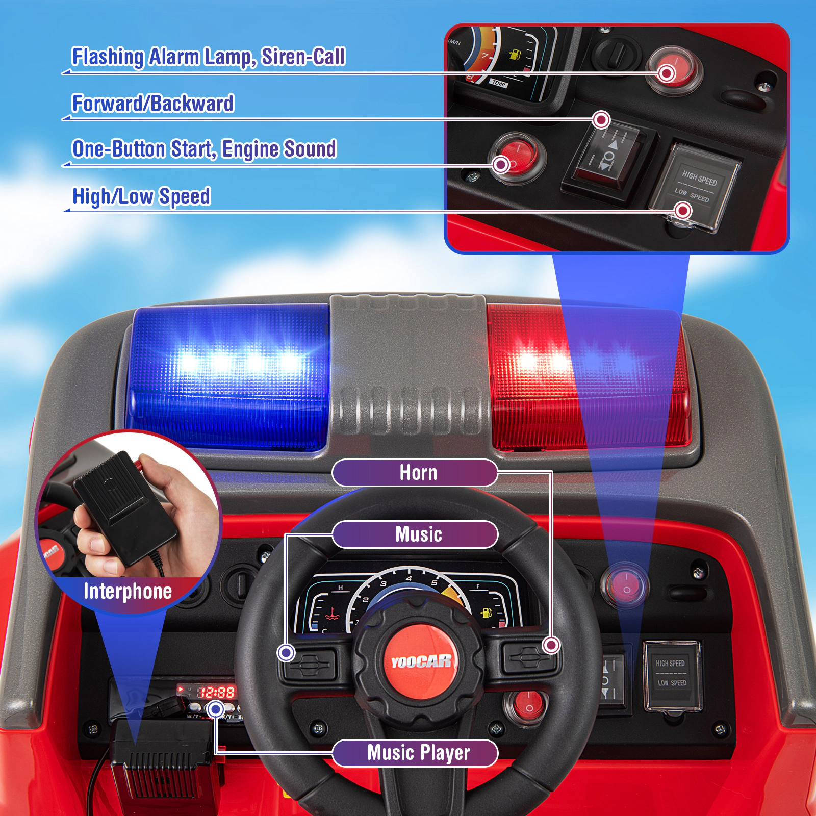SUGIFT 12V Ride On Fire Truck Powered Car with Water Gun, Shovel and Wrench 55-lb Capacity Ages 37-95 Months Red