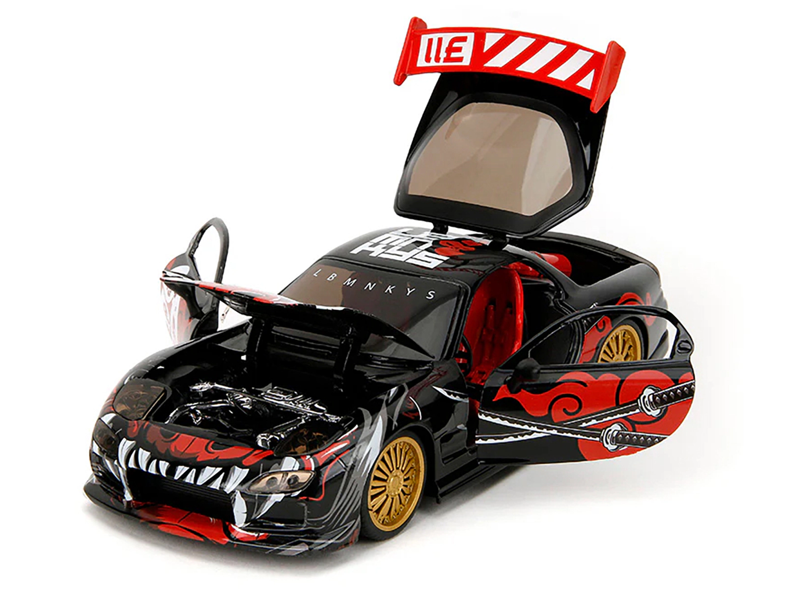 Jada 1993 Mazda RX-7 Black with Graphics "Lab Monkeys" with Saru Diecast Figure "Hollywood Rides" Series 1/24