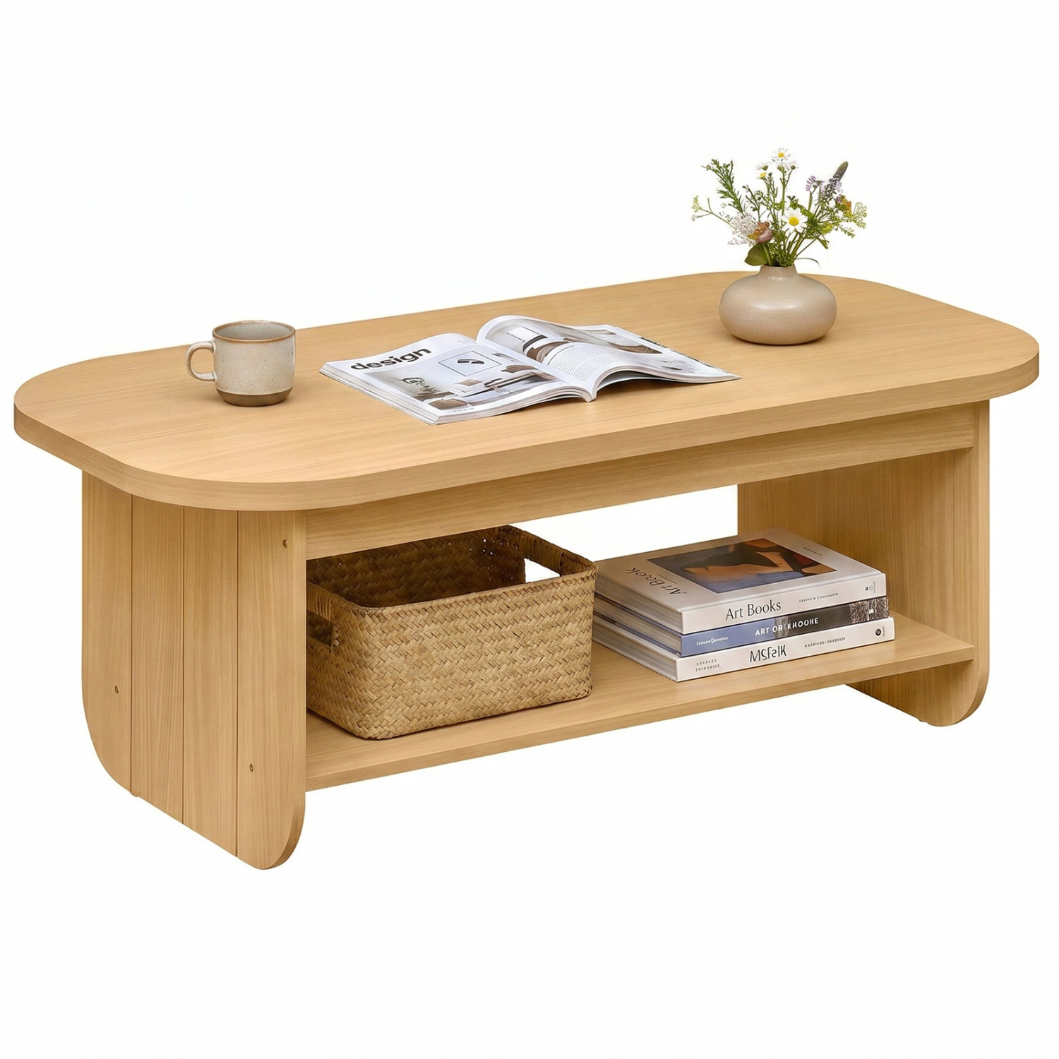 Glintex 2-Tier 47-Inch Oval Coffee Table with Fluted Base and Bottom Shelf