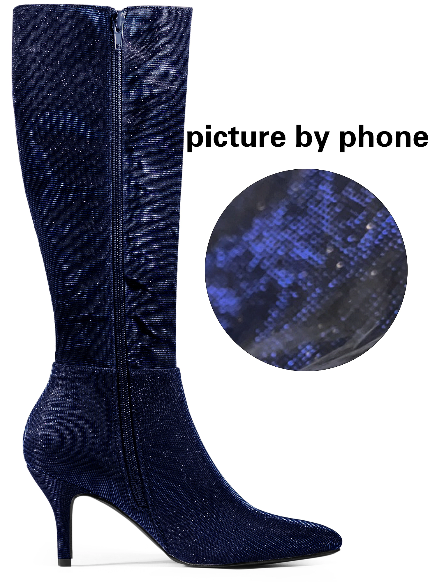 BLISSFUL STEP Women Sparkle Glitter Pointy Toe Stiletto Heel Knee High Boots