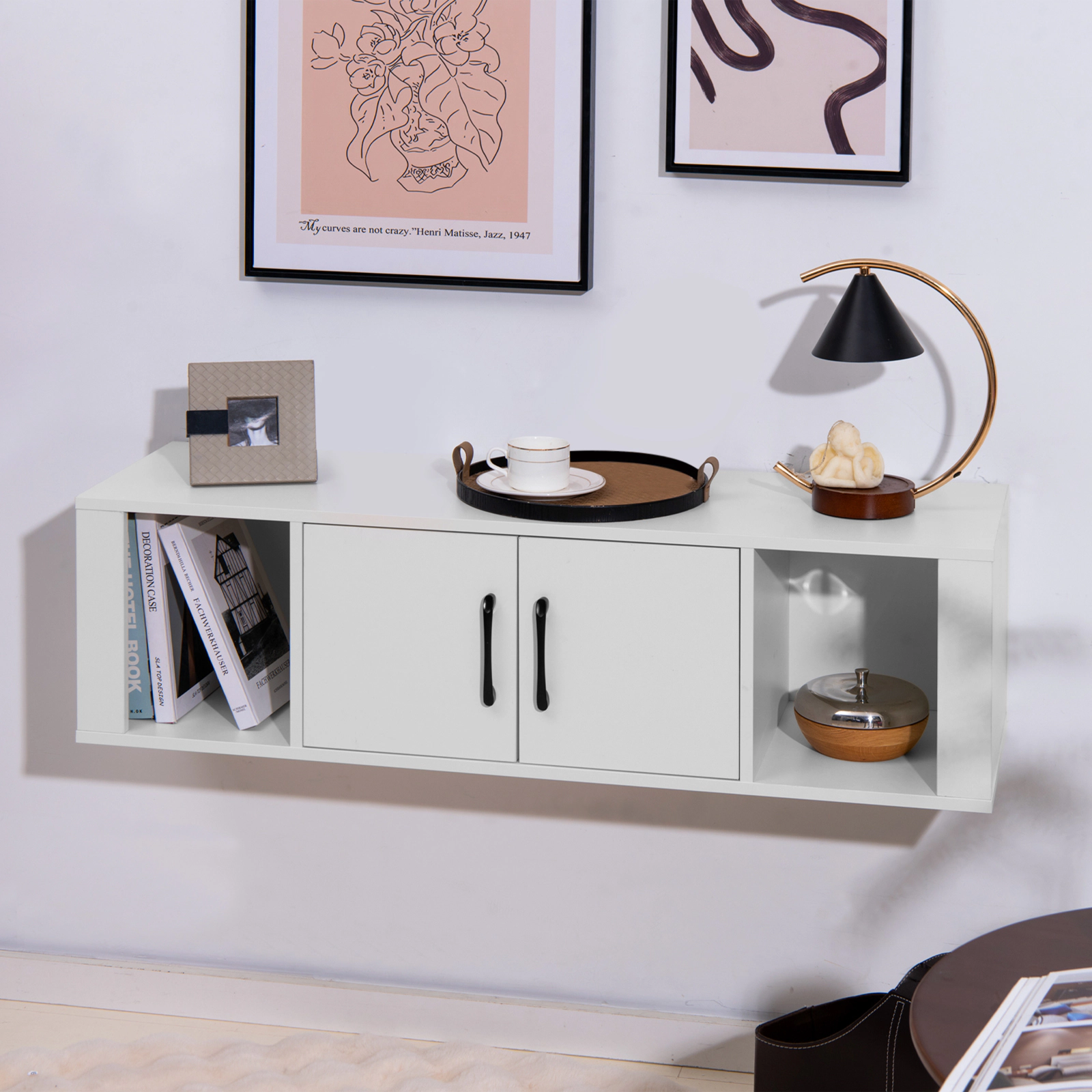 Hivvago Wall Mounted Floating 2 Door Desk Hutch Storage Shelves-White