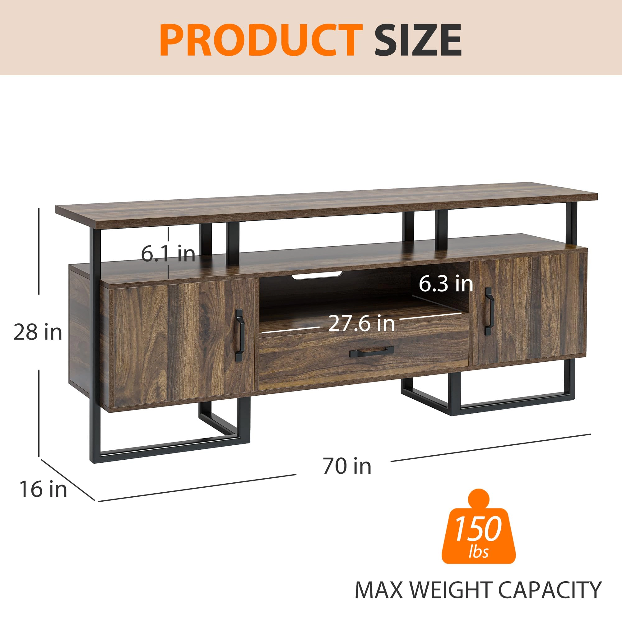 BebreezChic TV Stand for 75 Inch TV, Entertainment Center with Storage and Drawer, Industrial Media TV Console Cabinet
