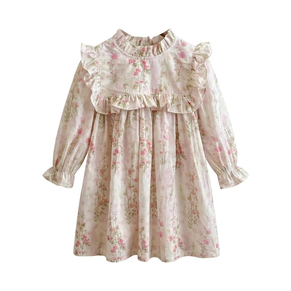 MyKids-USA French-Style Toddler Girls Pink Floral Ruffle Long Sleeve Twirl Dress