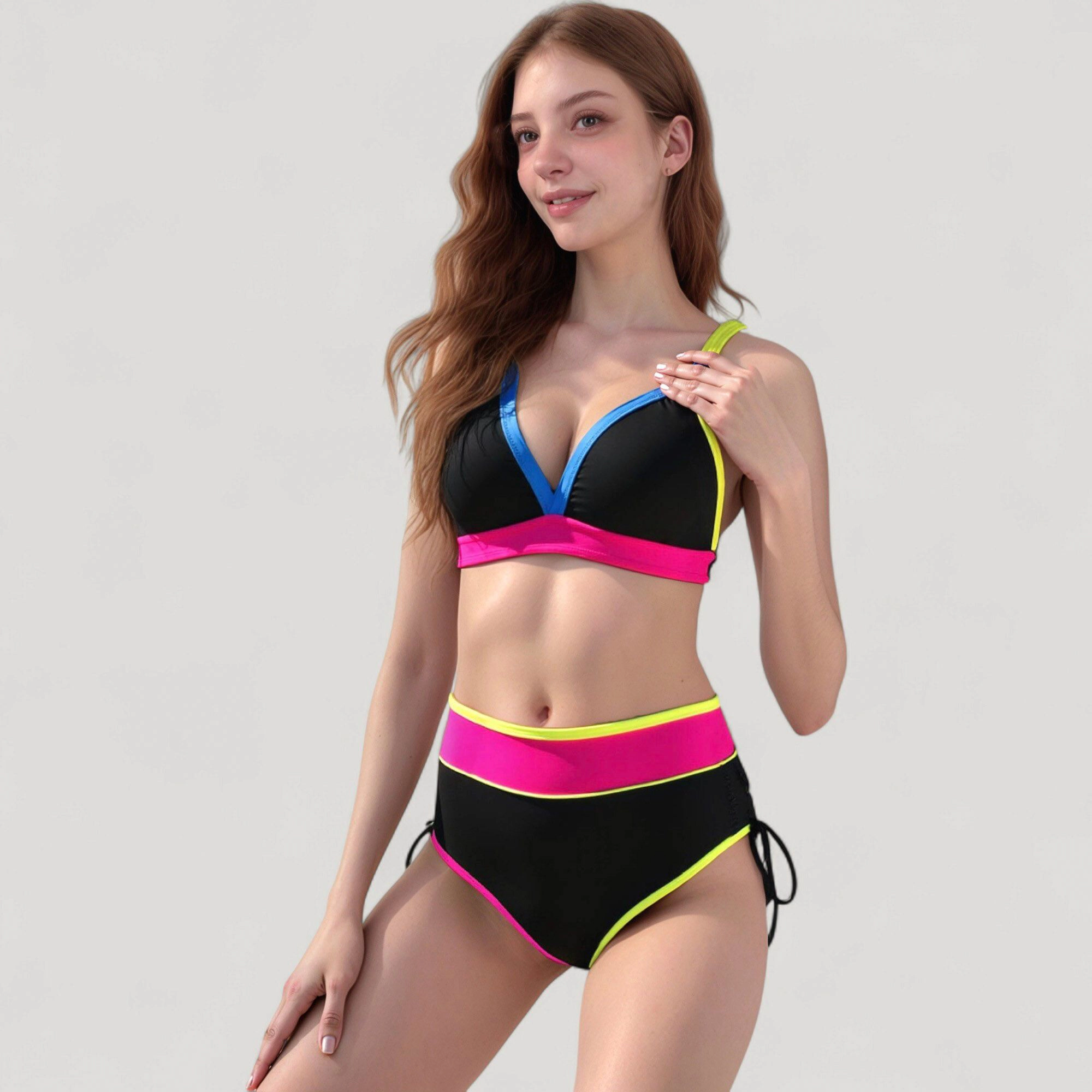 Anna-Kaci Colorblock High Waist Bikini Set, Adjustable V-Neck Top and Side Ruched Bottoms