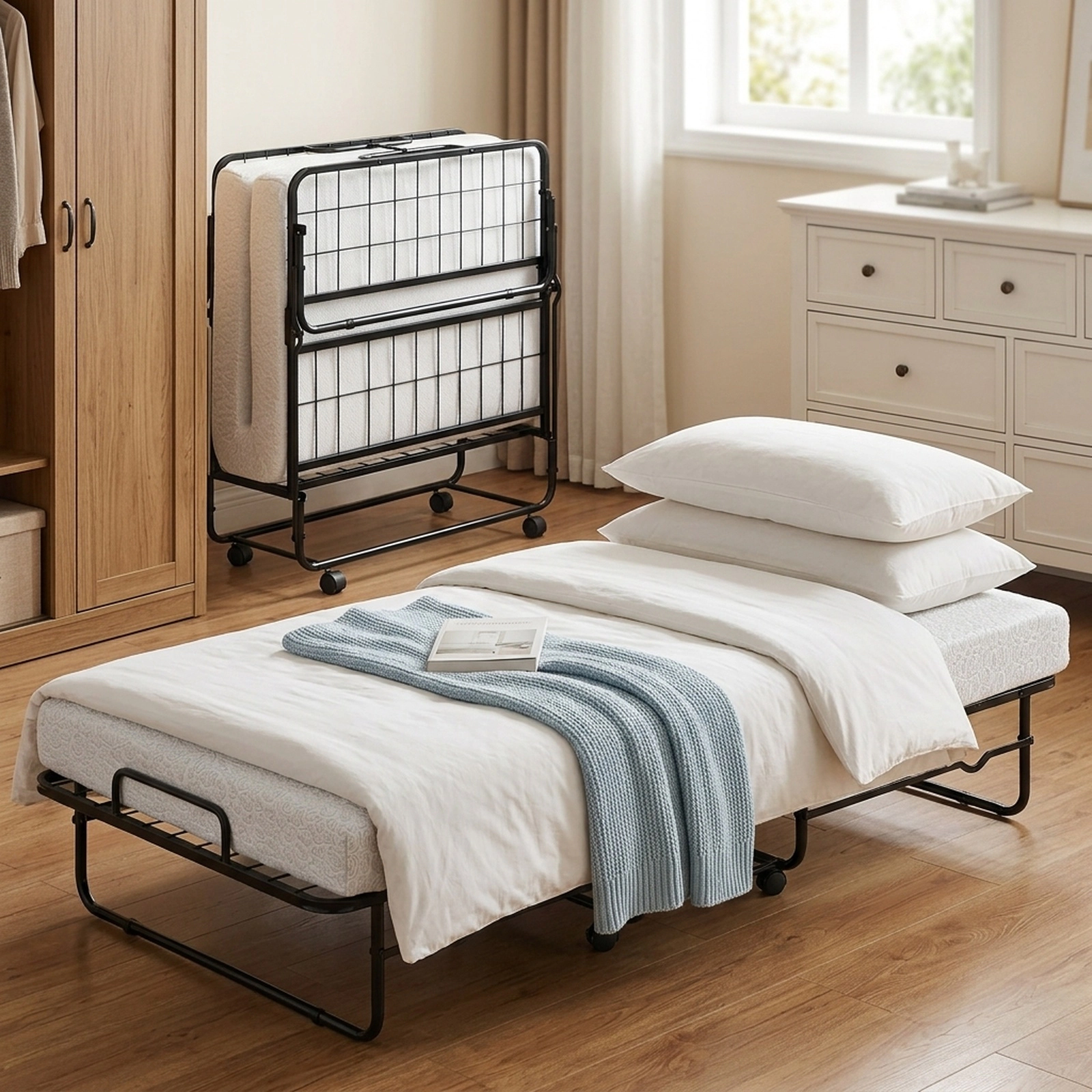 SUGIFT Twin Folding Bed with 4-Inch Memory Foam Mattress, Locking Casters, Black