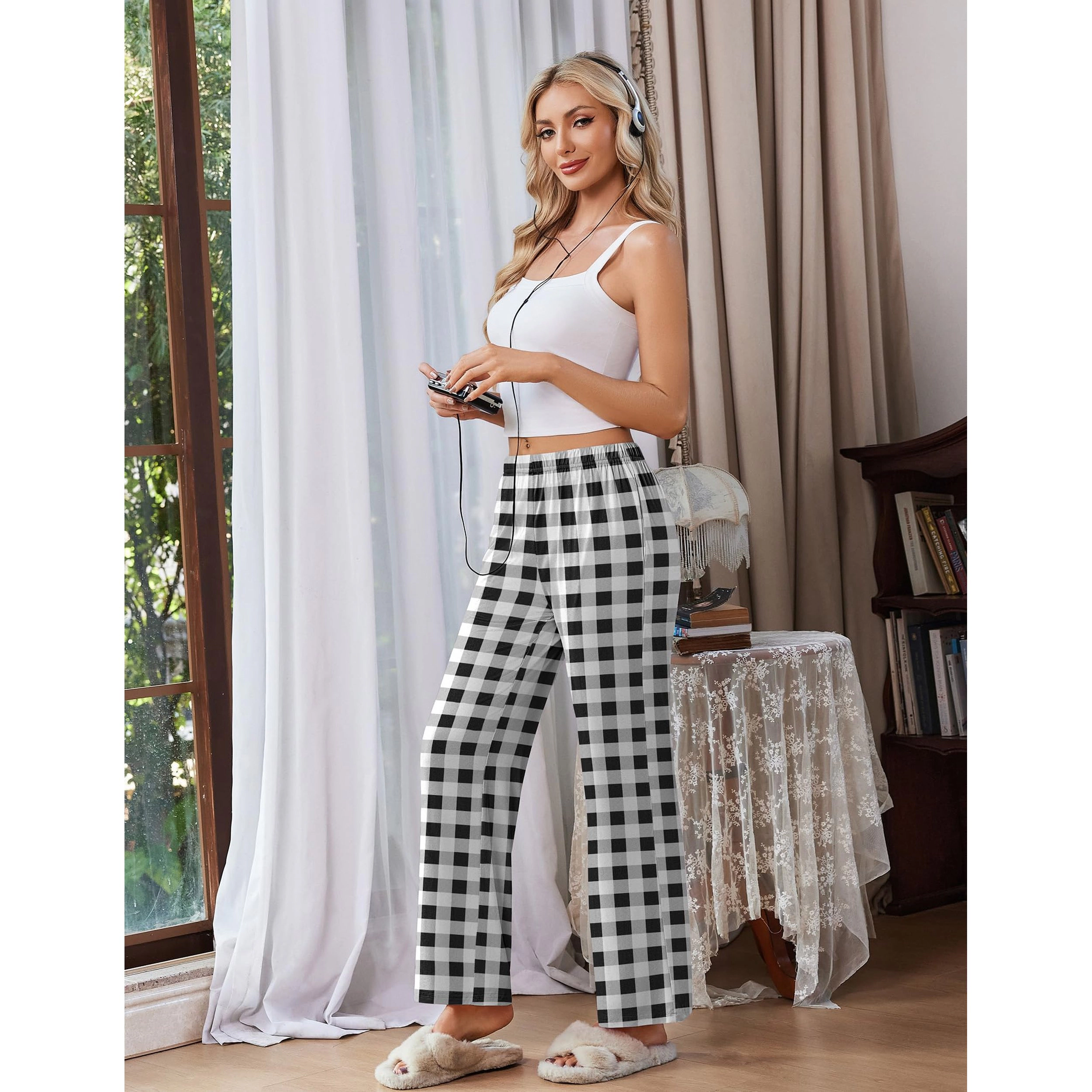 Ekouaer Pajama Pants Soft Comfy Bottoms Casual Stretch Wide Leg with Pockets