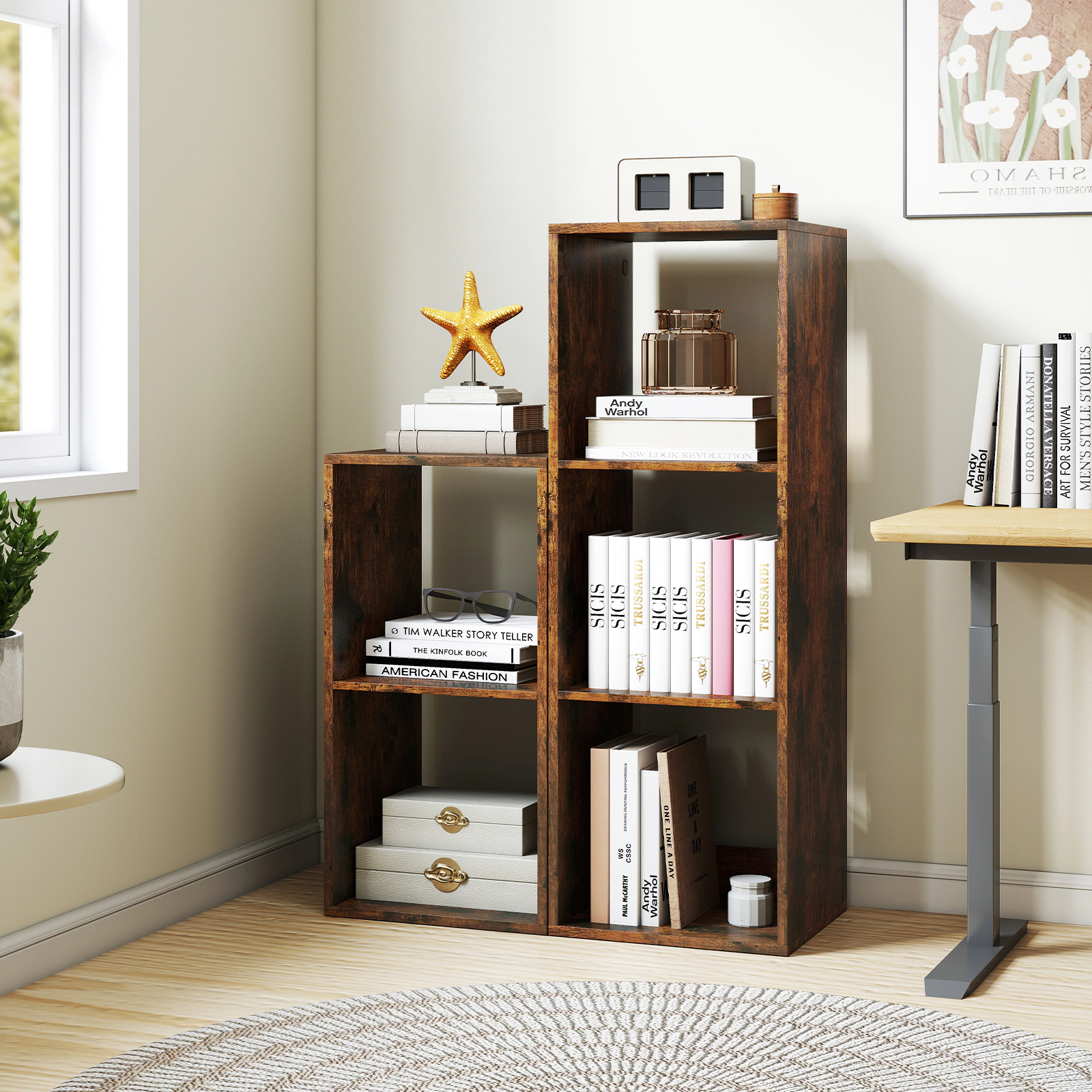 Costway 2PCS 3-Cube Bookshelf Modern Vertical Bookcase w/ Anti-tipping Kits Coffee