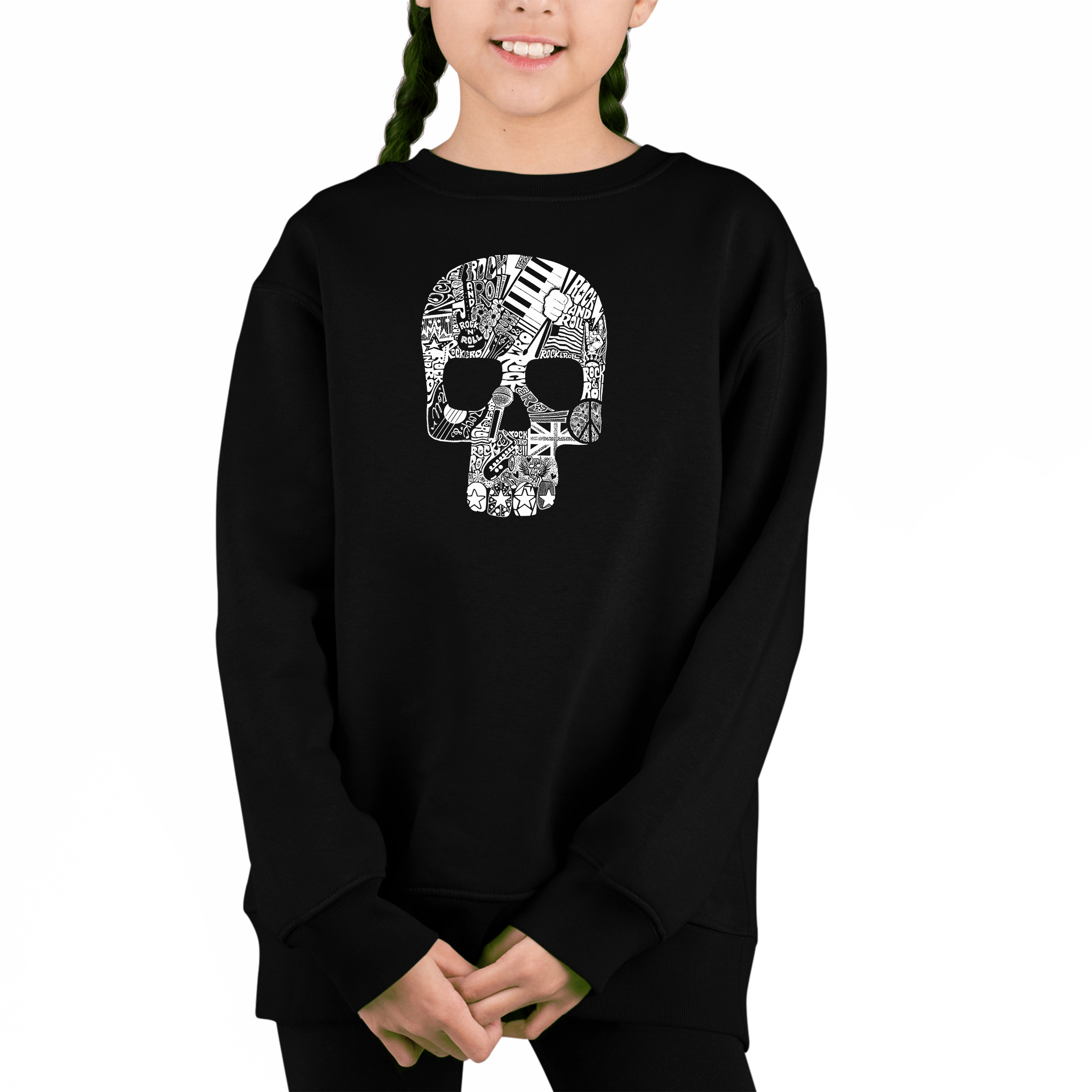 LA Pop Art Girl's Word Sweatshirt - Rock N Roll Skull
