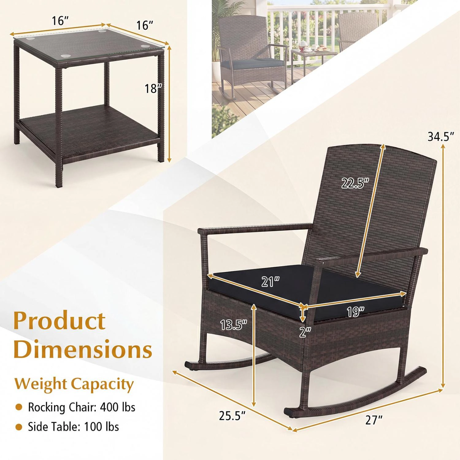 LJG 3 Piece Patio Rocking Set Wicker Chairs with 2-Tier Coffee Table