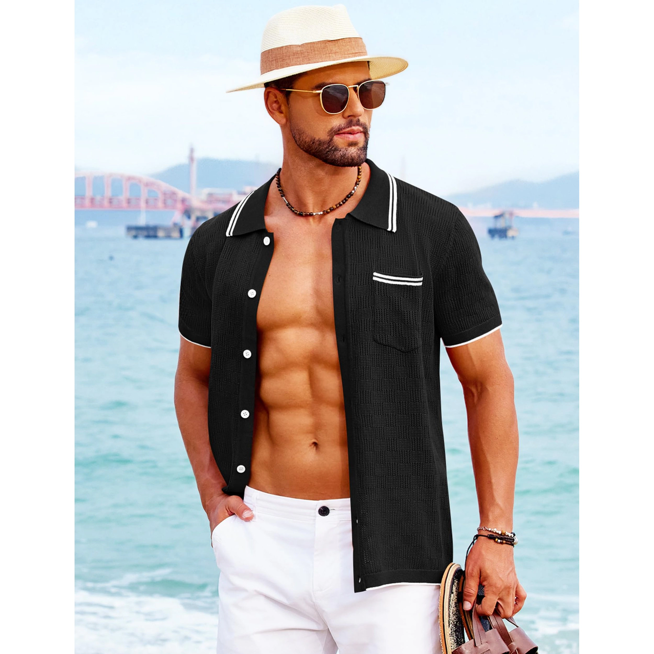 COOFANDY Mens Short Sleeve Button Down Shirts  Textured Collared Polo Tops