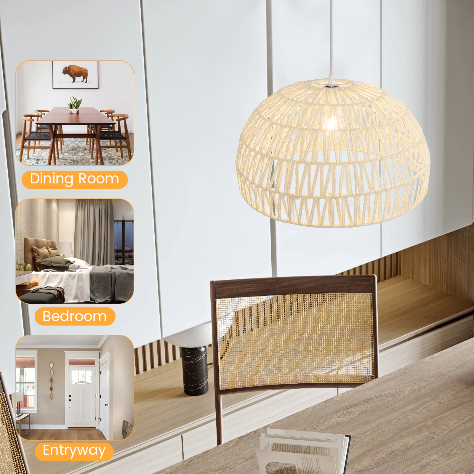SUGIFT Hand-Woven Paper Farmhouse Pendant Light 17.5 x 10-in Lampshade 12-59-in Adjustable Rope E26 40W Max Beige