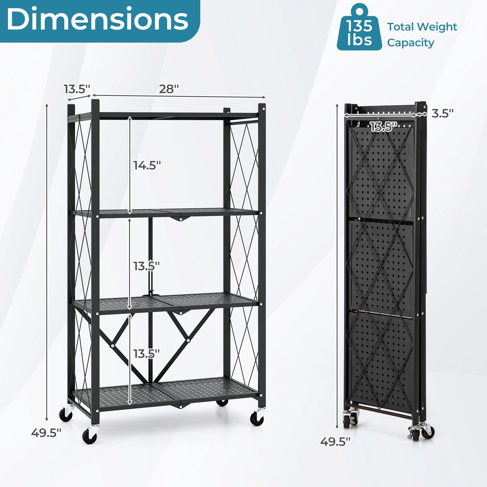 SlickBlue 4 Tier Rolling Storage Rack with Foldable Metal Frame and Wheels