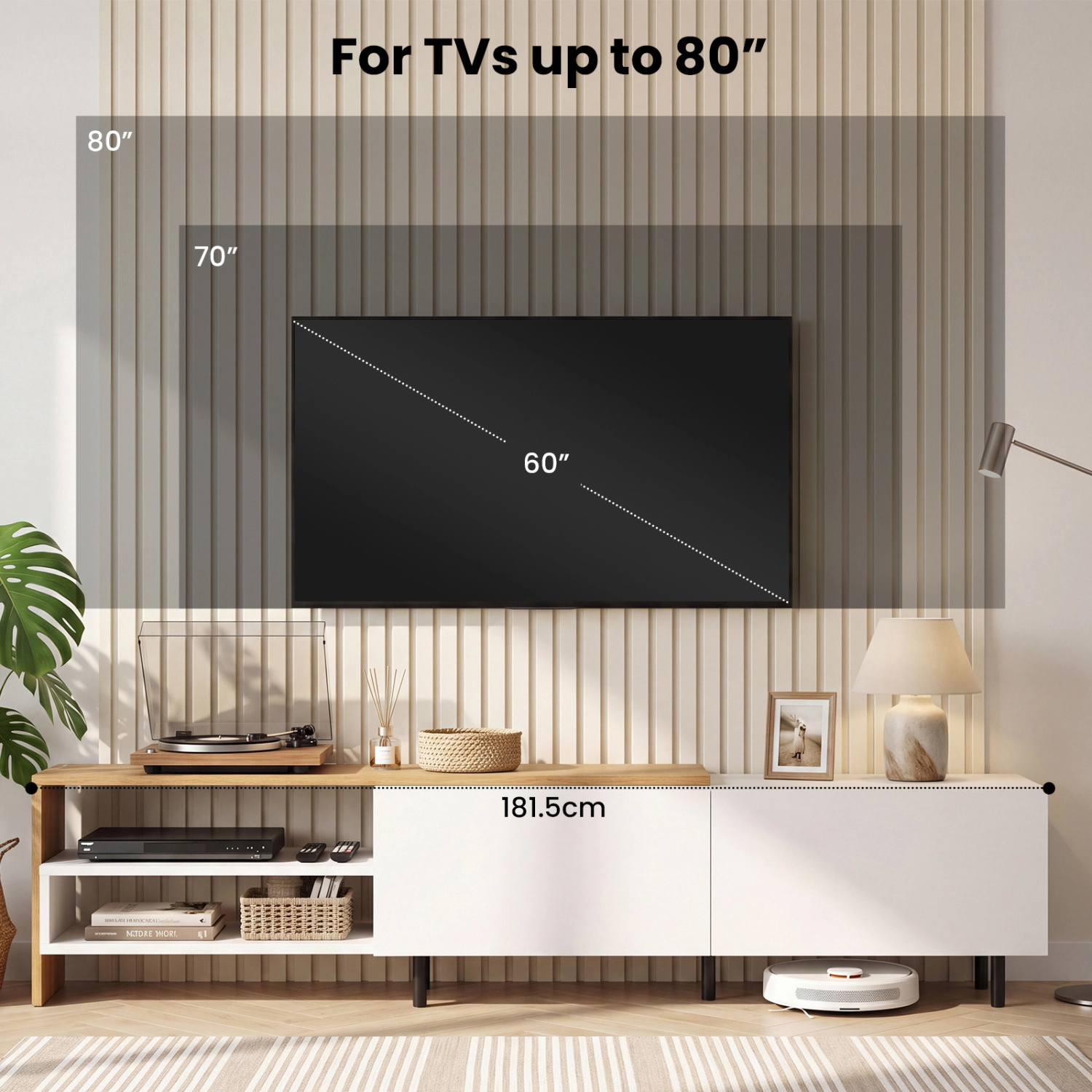 Glintex 71.5-Inch TV Stand with 2 Cabinets and 2-Tier Open Shelving, White & Natural
