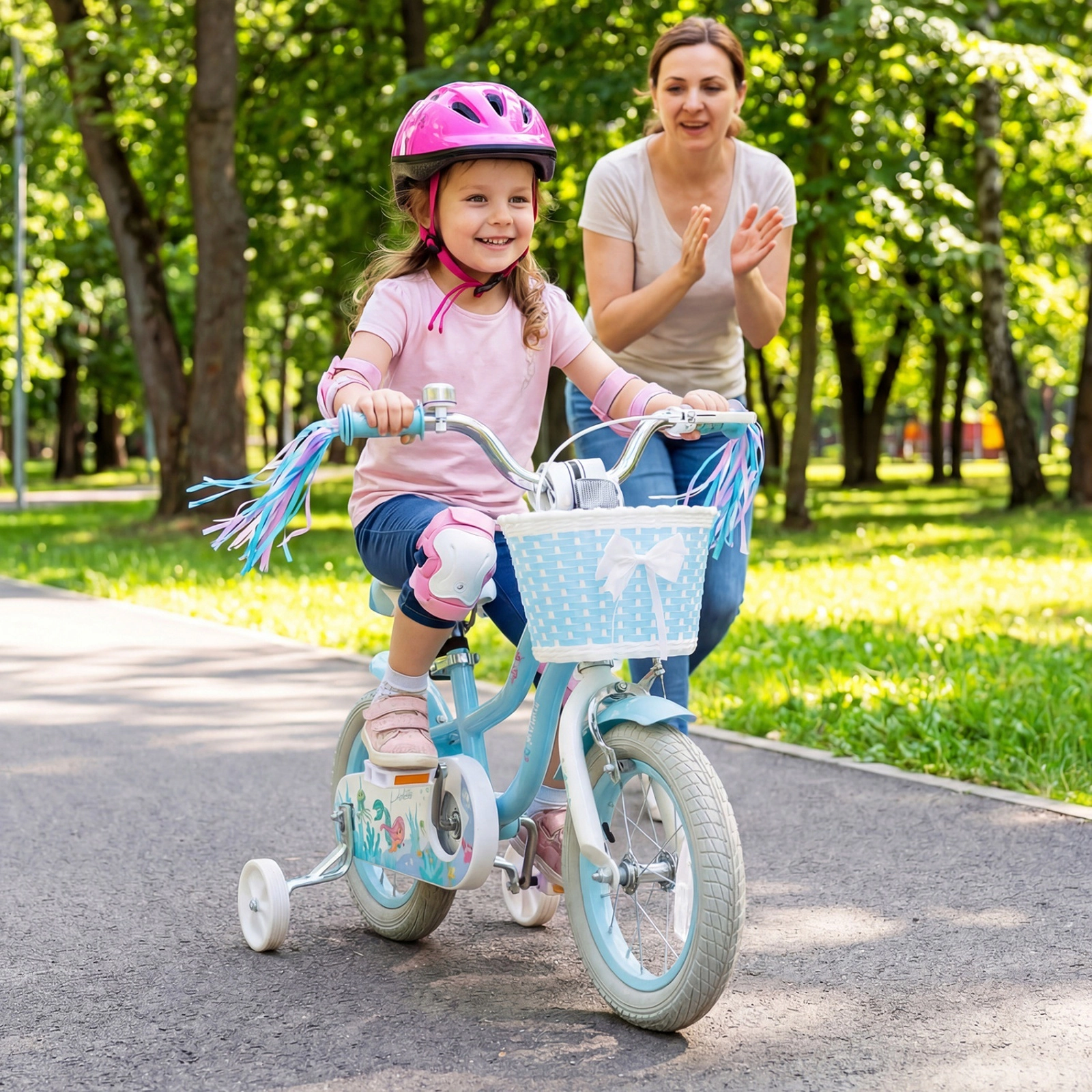 12-in Girls Bike with Removable Basket Streamers and Training Wheels for Ages 3-4 Mermaid Graphics Kids Bicycle