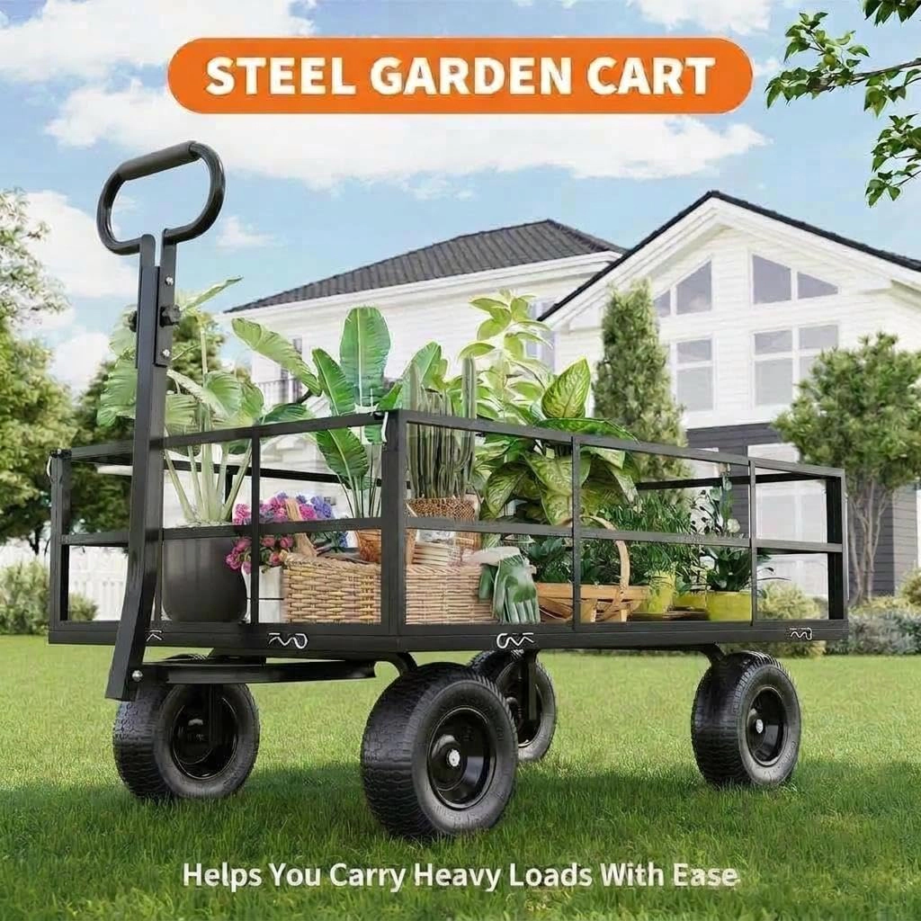 Steel Garden Cart, 1200 LBS Capacity Wagon with 10" Tire and 180° Rotating Handle, Black