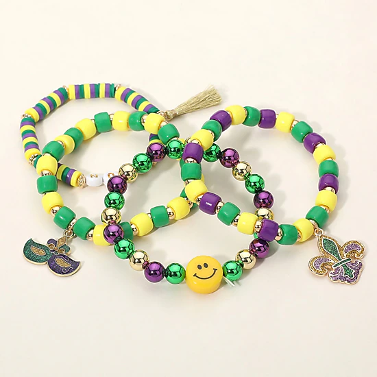 FASHNZFAB 4PCS - Mardi Gras Eye Mask Fleur de Lis Charm Smile Beaded Stretch Multi Layered Bracelets