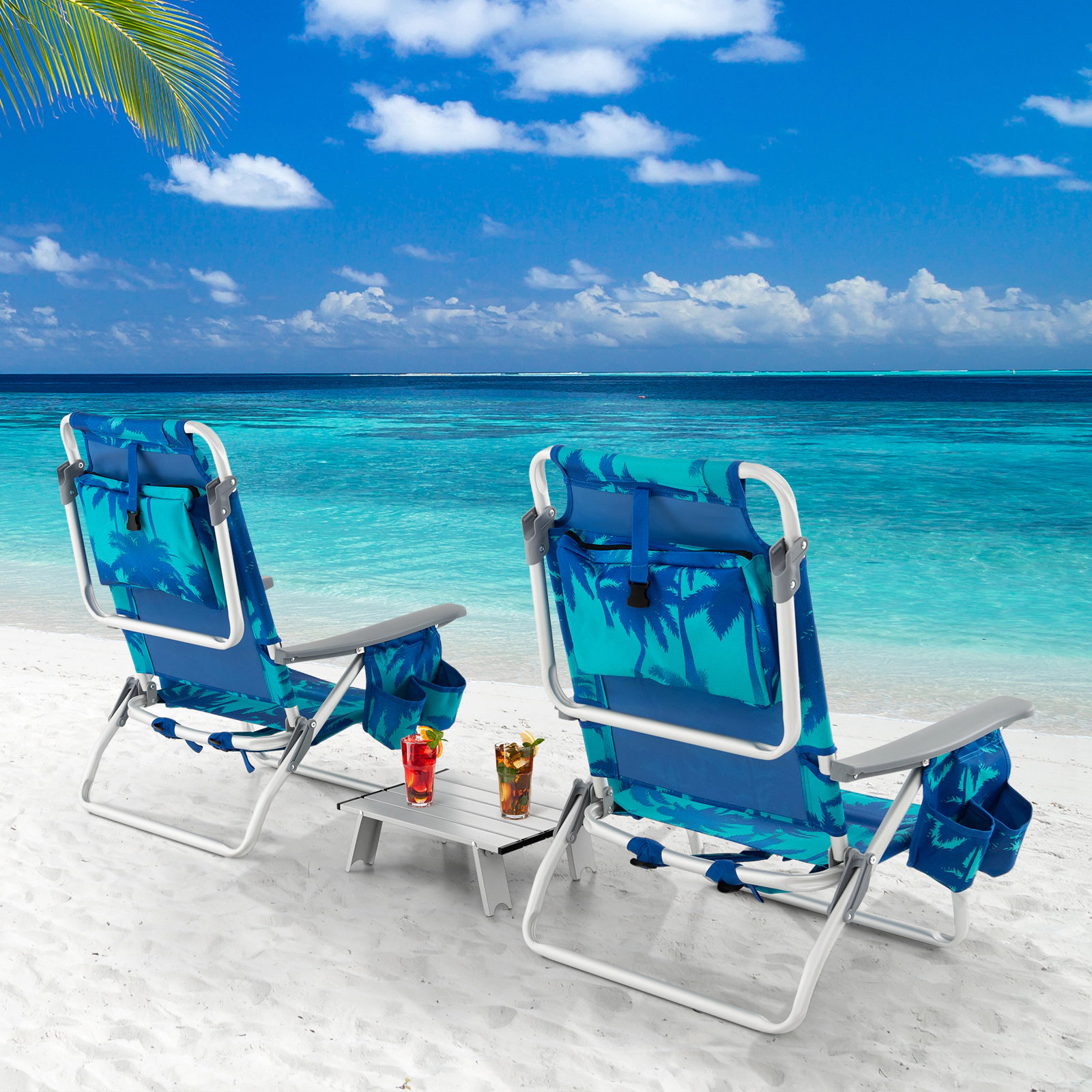 SUGIFT 2 Packs 5-Position Reclining Backpack Beach Chairs Side Table 27-in x 23.5-in x 33-in 330-lb Capacity Navy