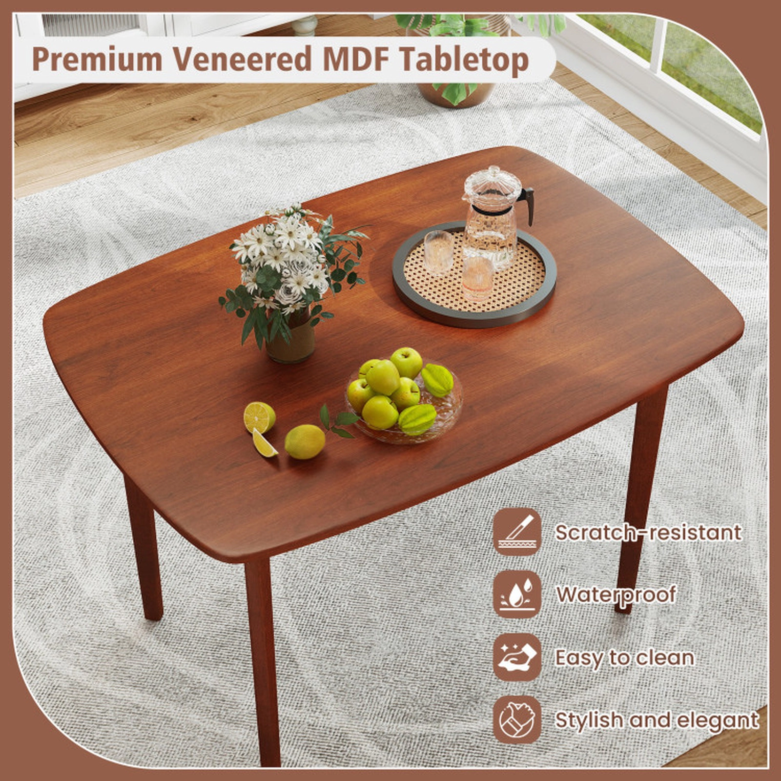 SUGIFT 43-In Walnut Rectangular Dining Table for 4, Wood Table with Rubber Wood Legs