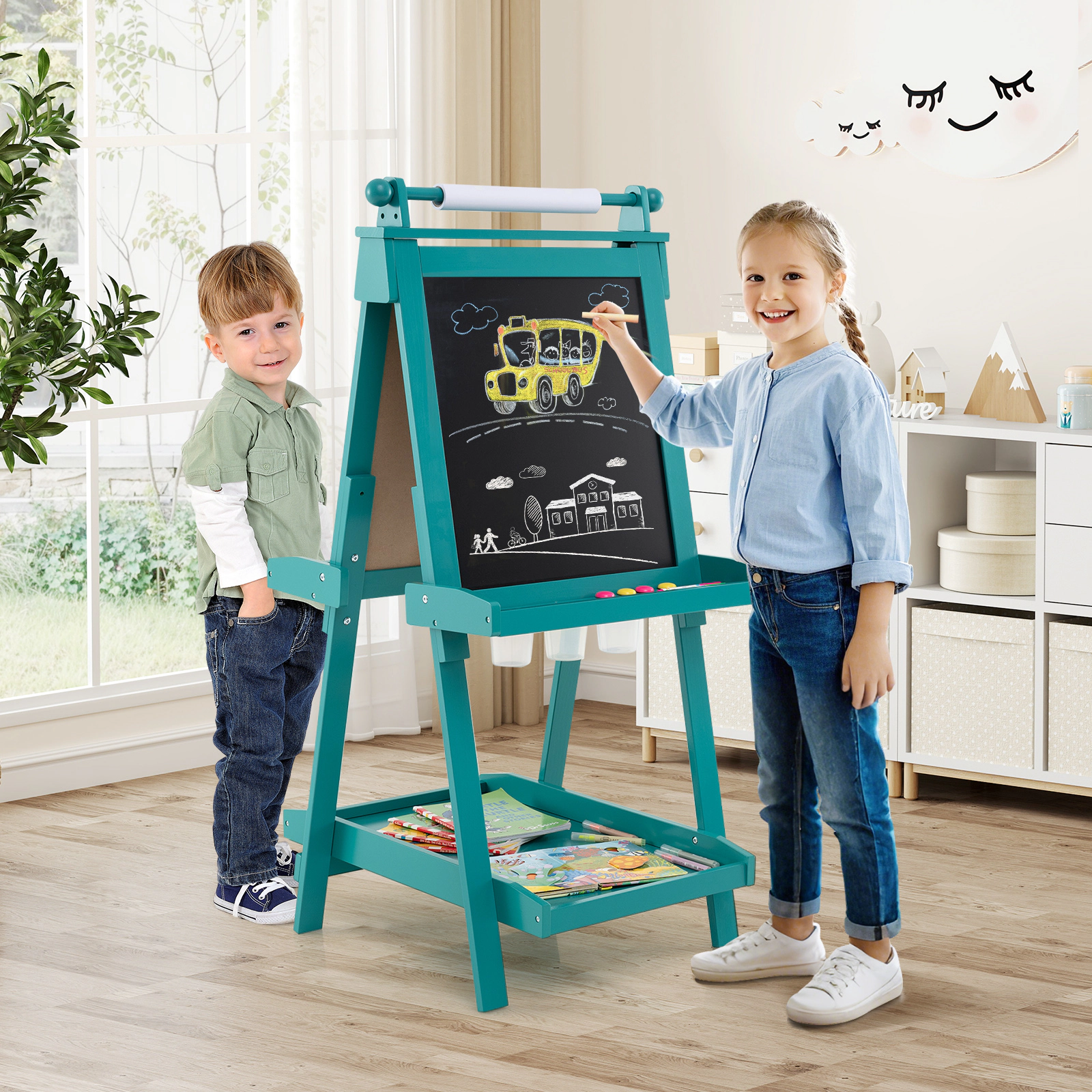 3-in-1 Double-Sided Chalkboard Easel for Kids Easy-Erase Magnetic Whiteboard 16.4-ft Replaceable Paper Roll Green