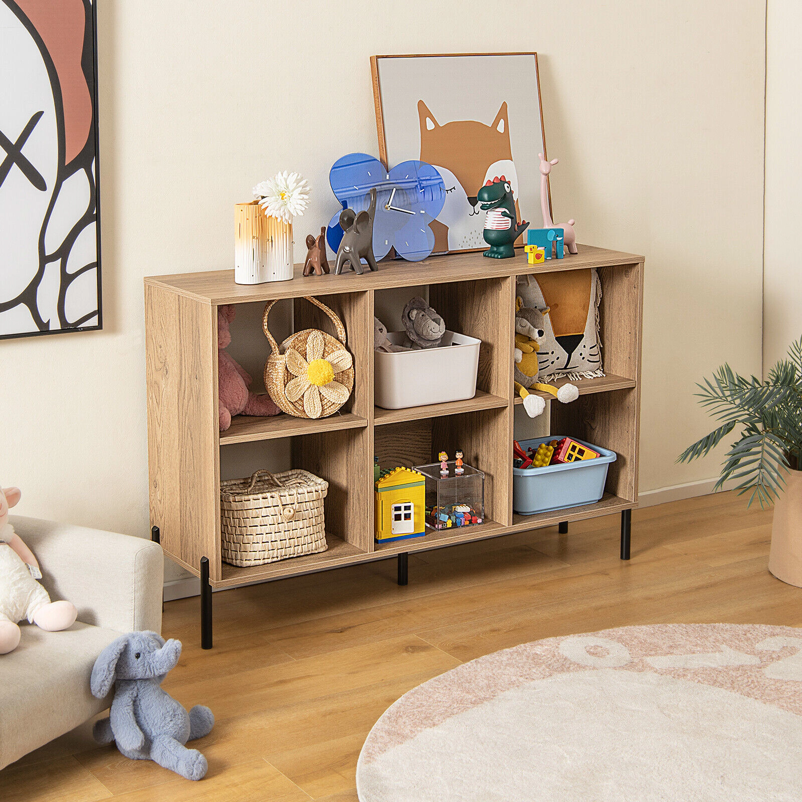 SUGIFT Natural Open-Back Bookshelf with Drawer 5 Metal Legs and 6 Cubes
