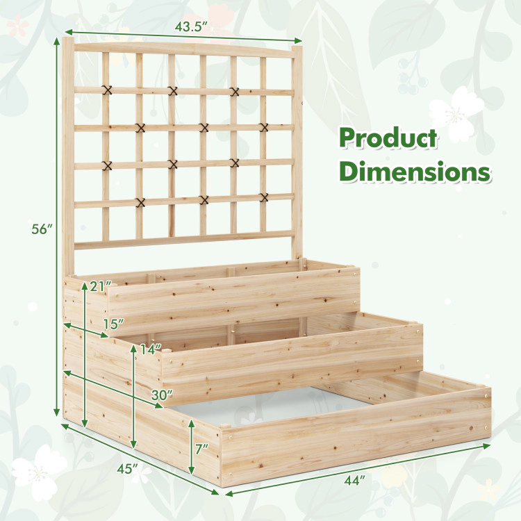 Hivvago 3-Tier Raised Garden Bed with Lattice Trellis and Open-Ended Base-Natural